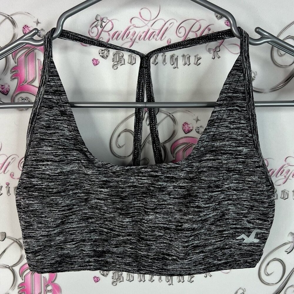 Hollister sports bra strappy racer back heathered Black and Gray Sports Bra